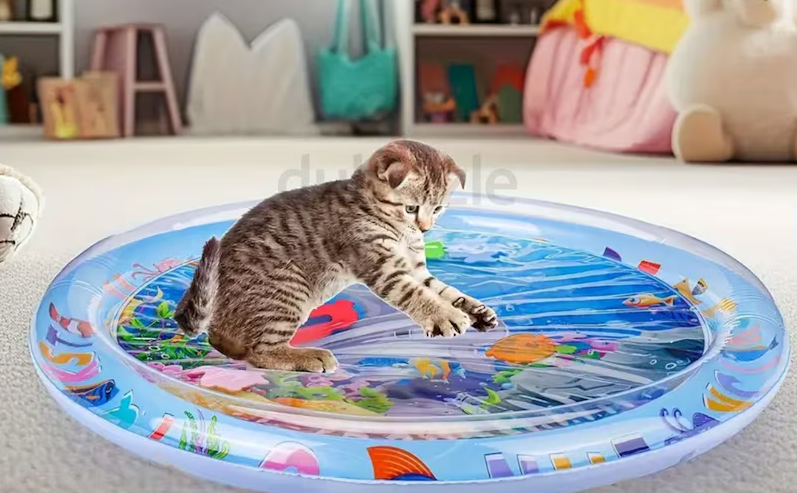 Splash proof interactive play mat with floating fish design for pets