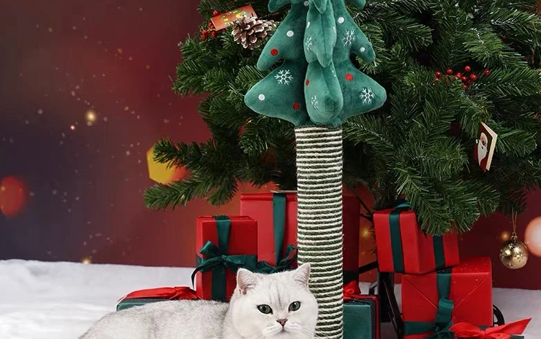 Christmas tree cat stretching tree board