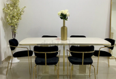 Elegant Beige Gold Dining Table with 6 Black Velvet Chairs for Sale