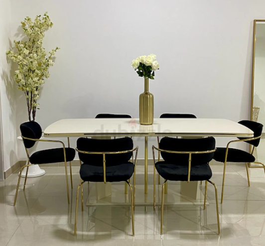 Elegant Beige Gold Dining Table with 6 Black Velvet Chairs for Sale