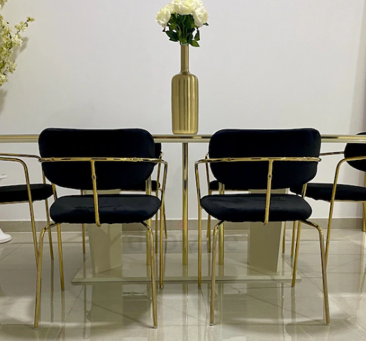 Elegant Beige Gold Dining Table with 6 Black Velvet Chairs for Sale