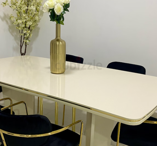 Elegant Beige Gold Dining Table with 6 Black Velvet Chairs for Sale