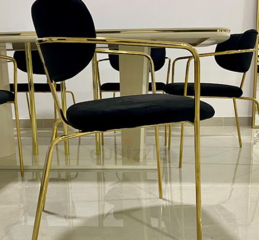 Elegant Beige Gold Dining Table with 6 Black Velvet Chairs for Sale