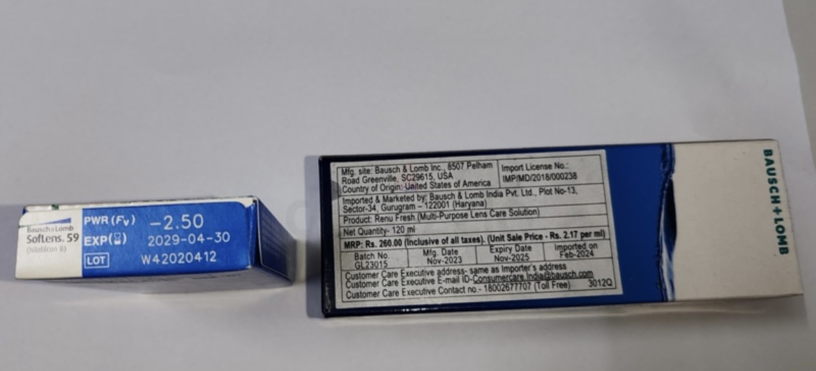 Bausch Lomb (-2.5) contact lenses and Renu solution