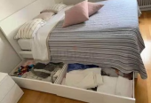 Queen Size storage bed frame with IKEA brand mattress for sale in good condition