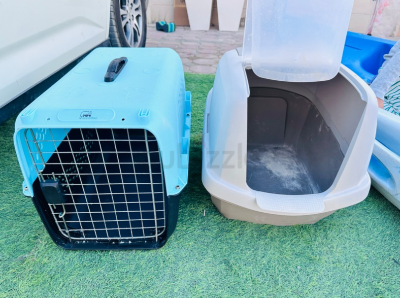 Big cat’s carrier and litter box .