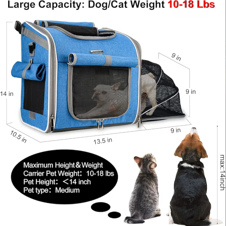 BABEYER Bike Basket, Expandable Soft-Sided Pet Carrier , for Medium Dog Cat Puppies – Blue