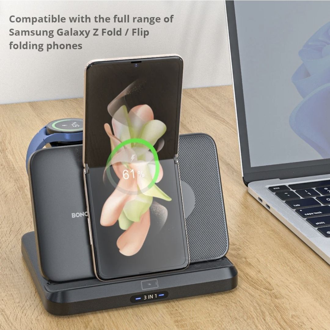 3-in-1 Foldable Fast Wireless Charger for Samsung Z Fold/Flip + Galaxy Watch + Buds”