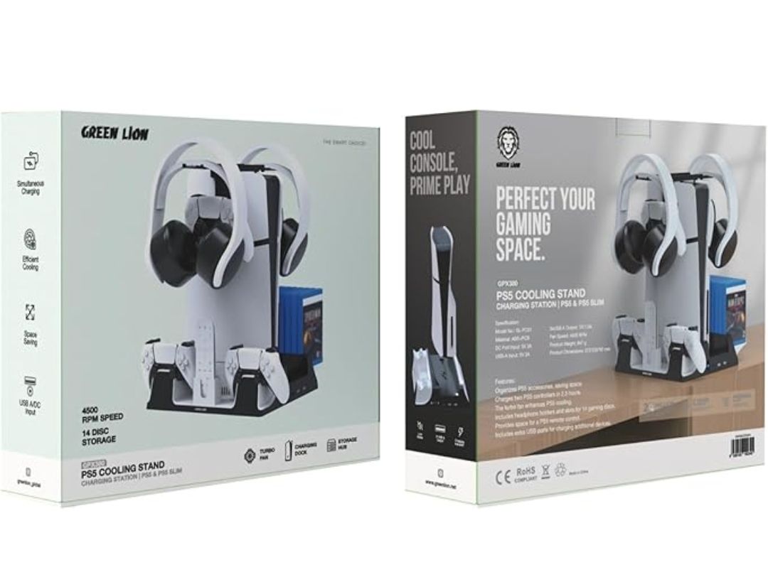 Green Lion Compatible With PS5/PS5 Slim Cooling Stand Charging Station,14 Disk Storage Hub,Simultane